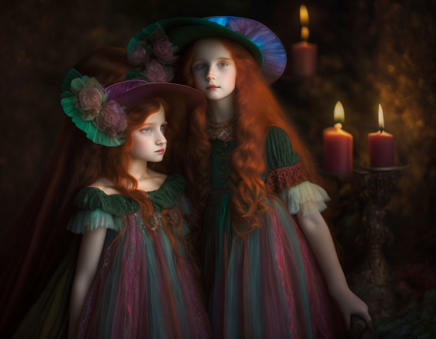 Two girls in vintage dresses and wide-brimmed hats with red hair near lit candles.