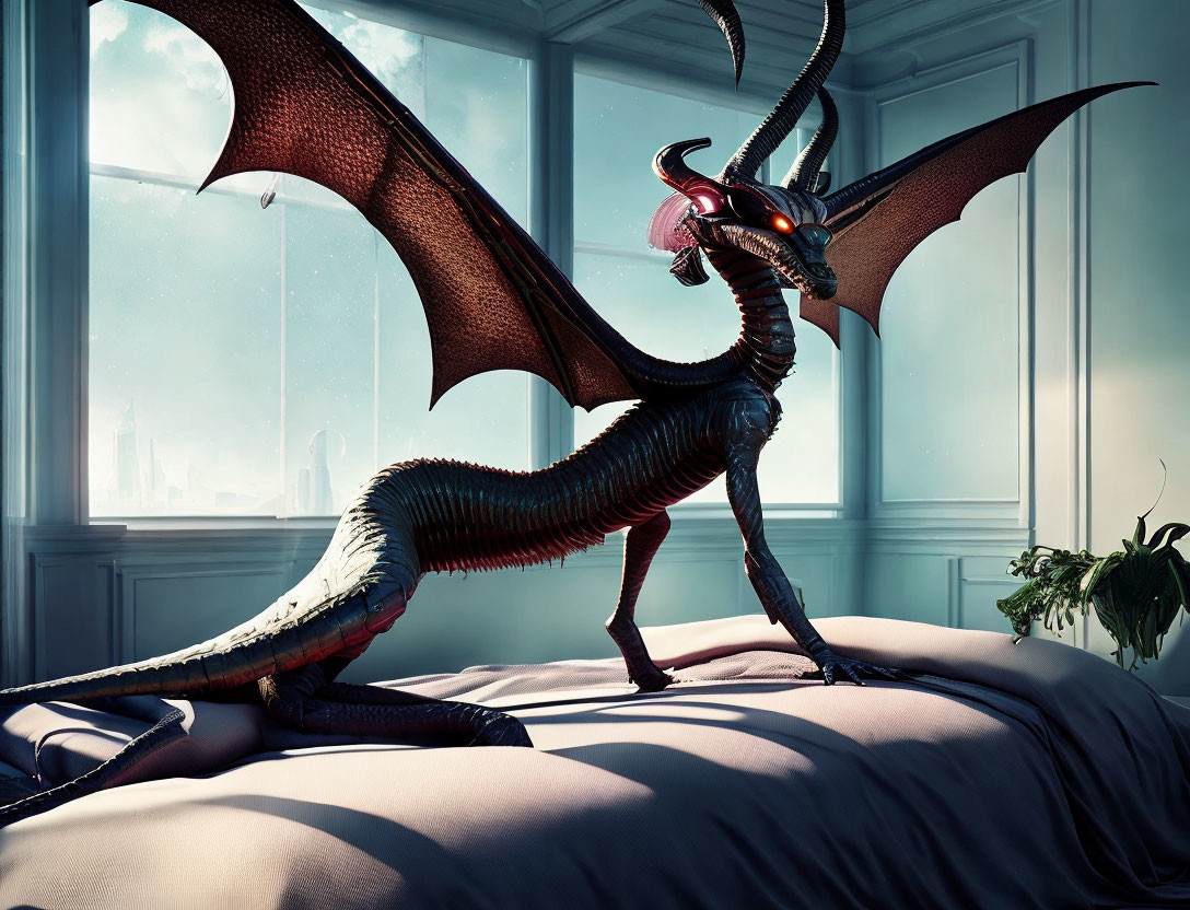 Dragon with expansive wings and sleek horns perched indoors with city view.