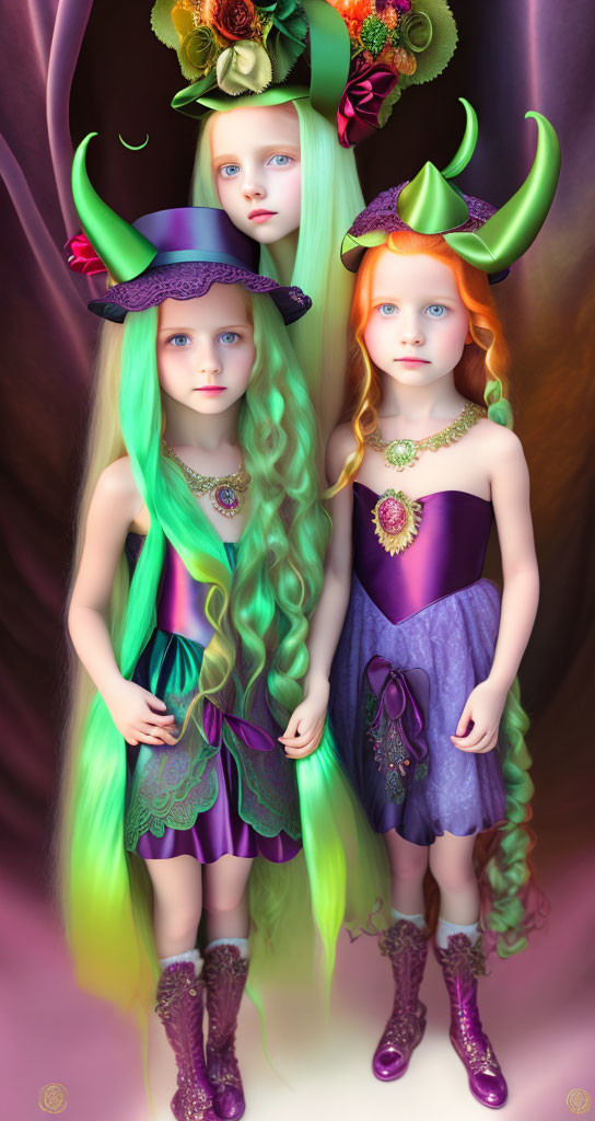 Colorful Hair Fantasy Girls in Whimsical Hats on Gradient Backdrop