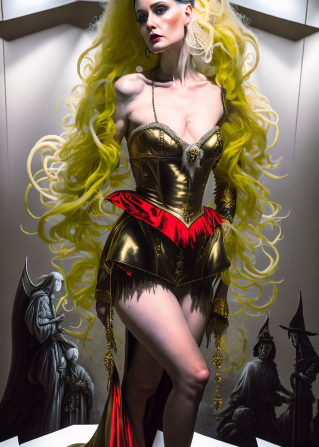 Vibrant yellow hair woman in dramatic cosplay with statuettes