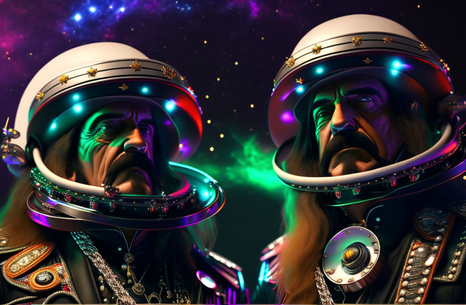 Stylized retro-futuristic astronauts in ornate suits against cosmic background