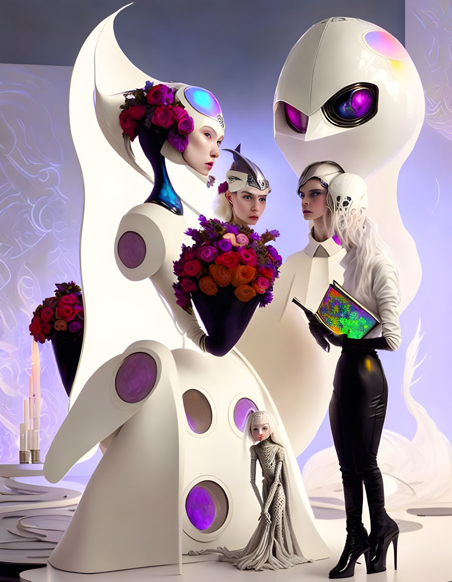 Three futuristic women in stylized outfits with floral arrangements near a large alien figure in a blend of sci