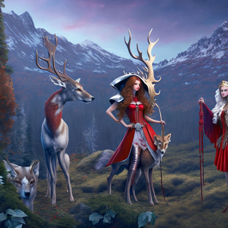 Fantasy scene: Two women in elaborate dresses with majestic deer in twilight mountains.