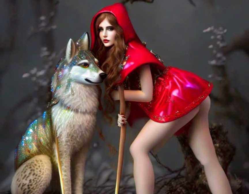 Woman in red hood and cape with wolf in mythical forest.