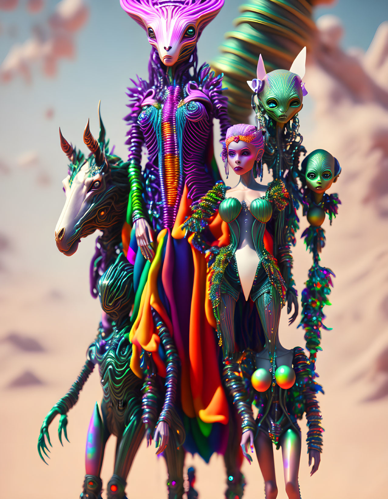 Colorful Futuristic Alien Characters in Desert Setting