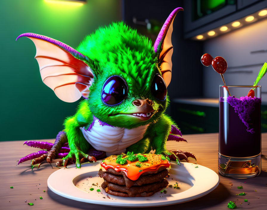 Green fantasy creature with bat-like wings enjoying pancakes and purple drink.