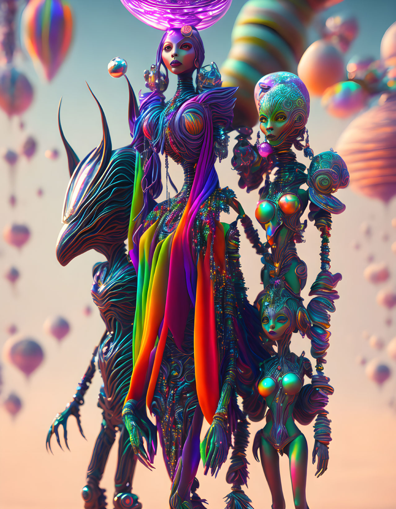 Colorful surreal creatures in dream-like digital artwork