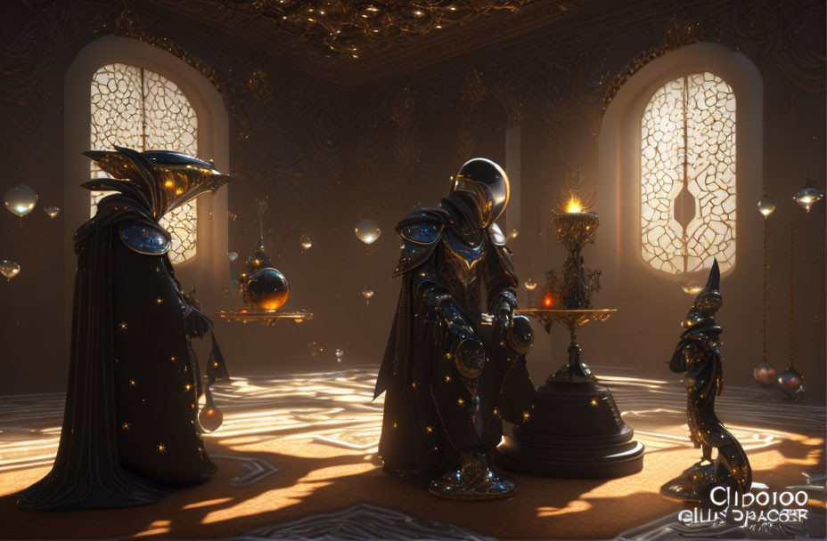 Ornate armored figures in dimly lit room with floating orbs and glowing candles