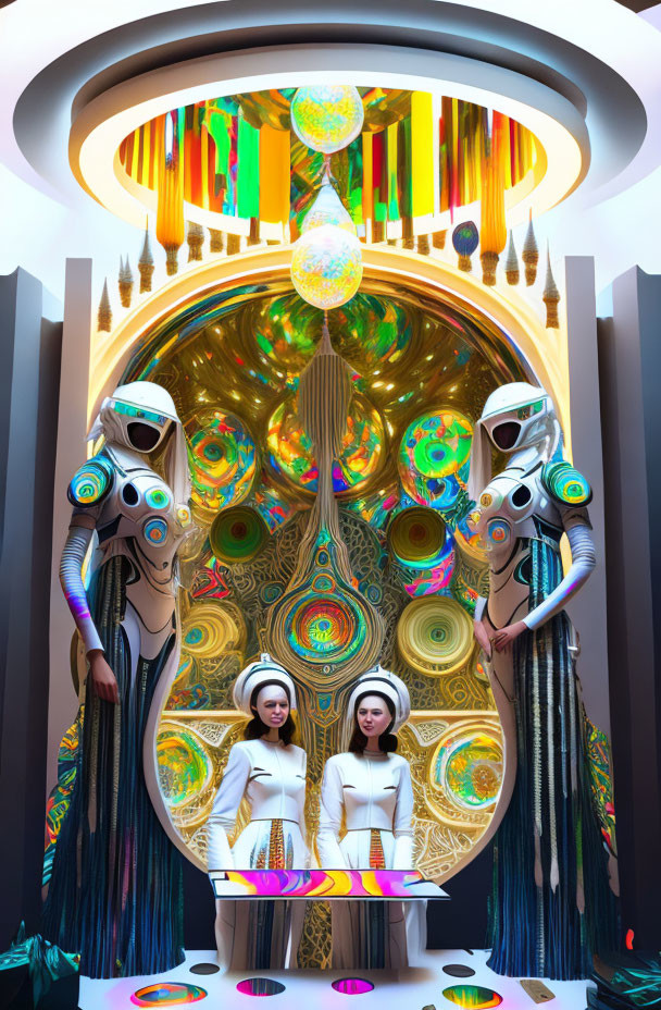 Futuristic figures by ornate, colorful doorway with floating orbs