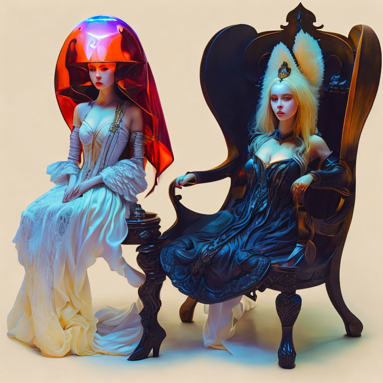 Fantasy characters in ornate chairs with red veil and fox-like ears.