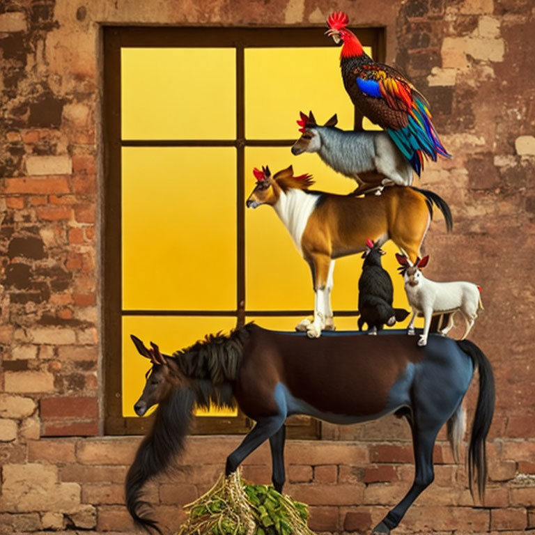 Stacked animals in front of window with warm backdrop