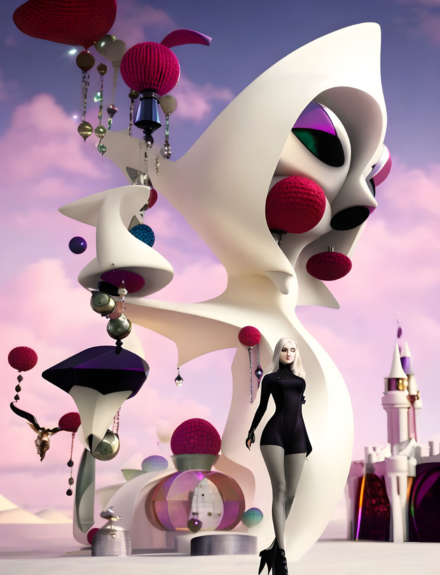 Surreal woman in black dress with abstract shapes and whimsical buildings against purple sky