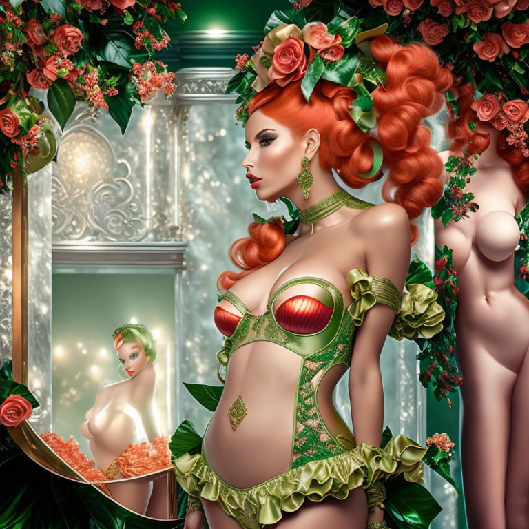 Stylized digital artwork: Red-haired woman in green attire with floral decorations in mirror-lined room.