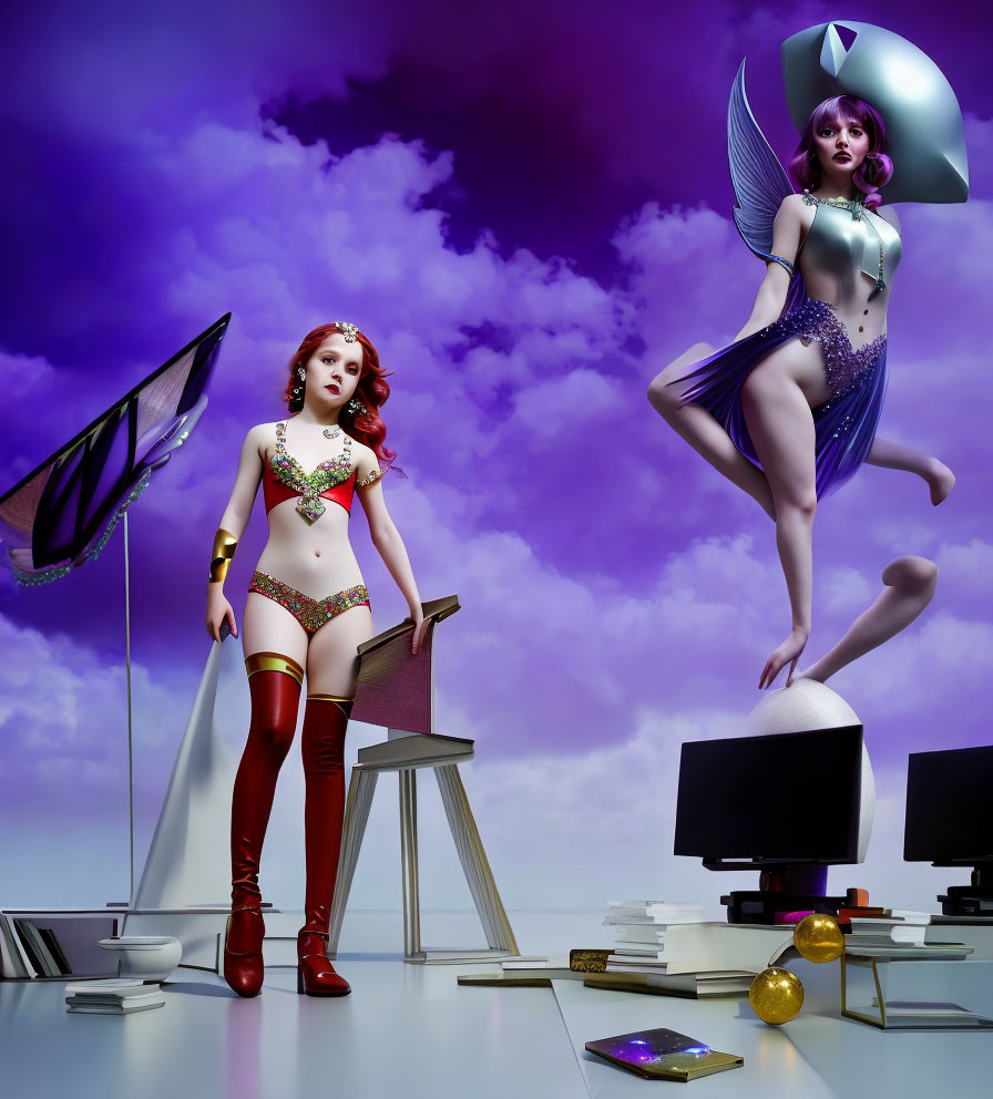 Stylized female characters in futuristic superhero costumes with oversized everyday objects under a purple sky