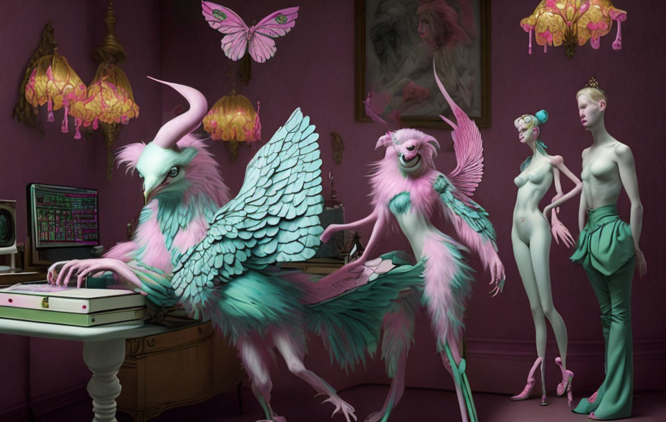 Anthropomorphic birds and humanesque figures in surreal purple room