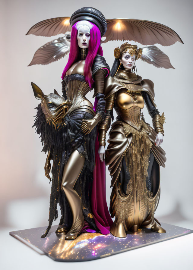 Fantasy figurines: pink-haired character with bat umbrella & golden armored figure on cosmic base with wolf