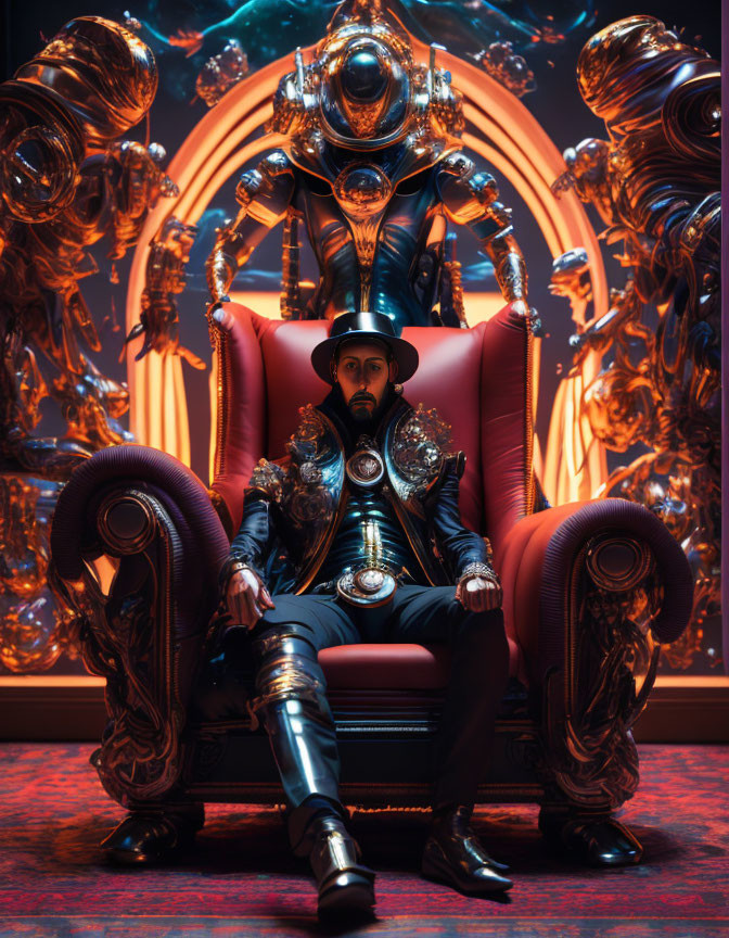 Futuristic armored figure on throne with red ambient light