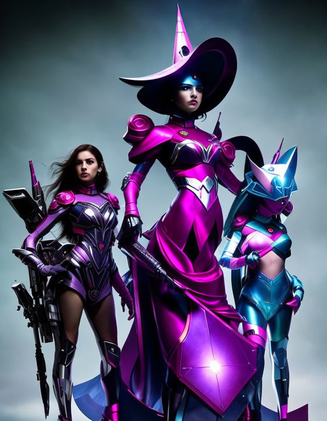 Three futuristic female characters in purple-themed armor, body suits, and hat.