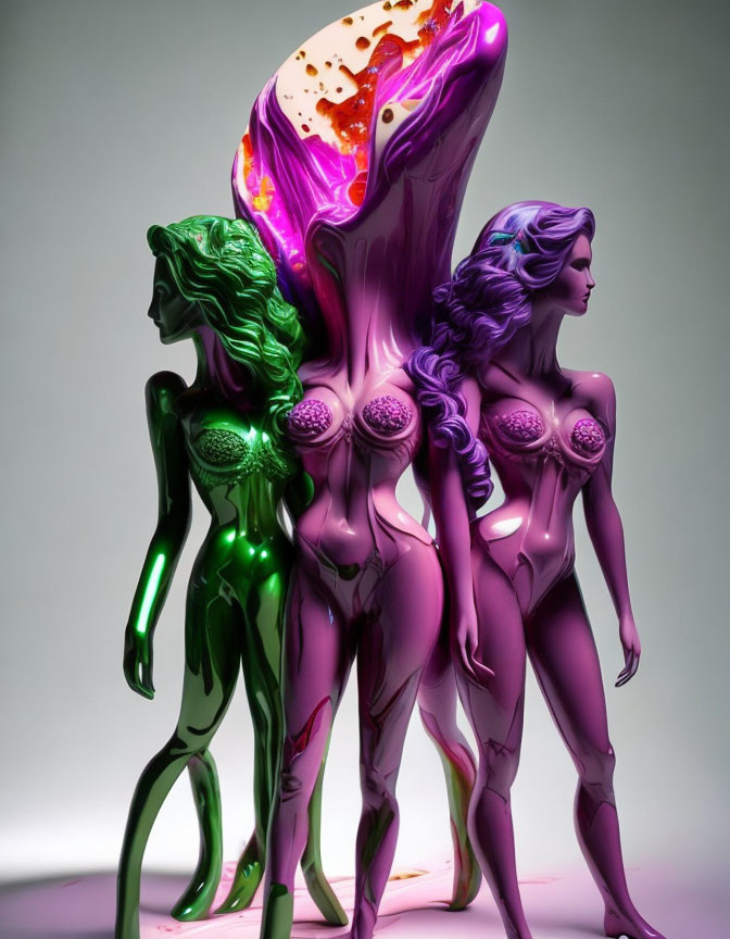 Vibrant female figures with flowing hair in green to purple gradient