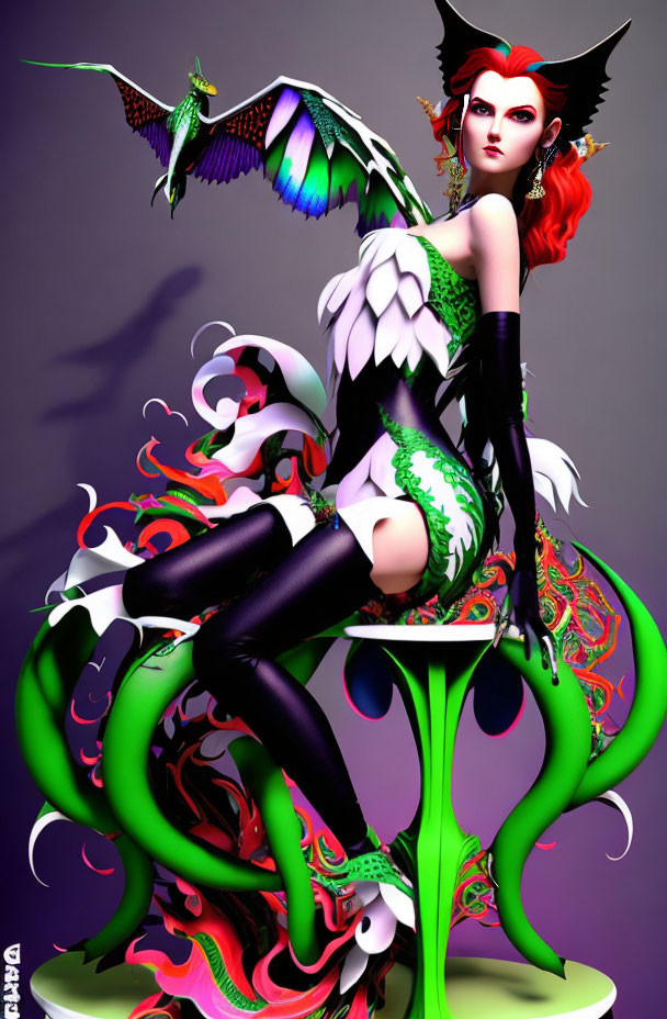 Fantasy female character with red hair, bat wings, green outfit, sitting on floral structure with dragon