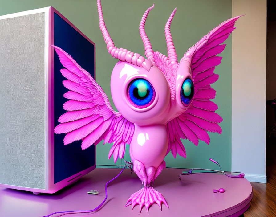 Colorful 3D illustration of whimsical pink owl with blue eyes next to computer case