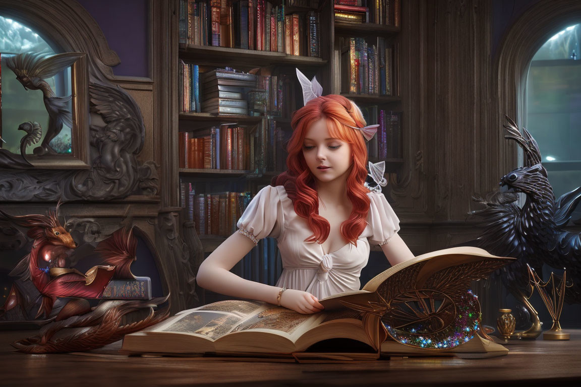 Red-haired woman with elf ears reading large book in mythical room.