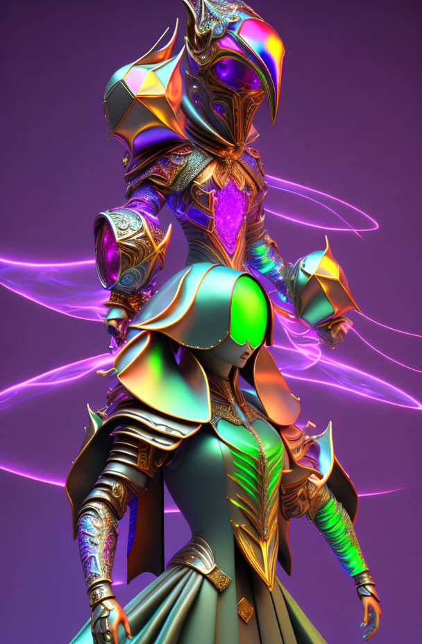 Colorful digital artwork: Character in iridescent armor on purple background