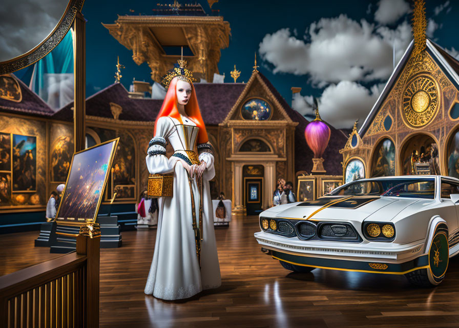 Regal woman in crown and white dress in luxurious gallery with classical paintings, hot air balloon, vintage