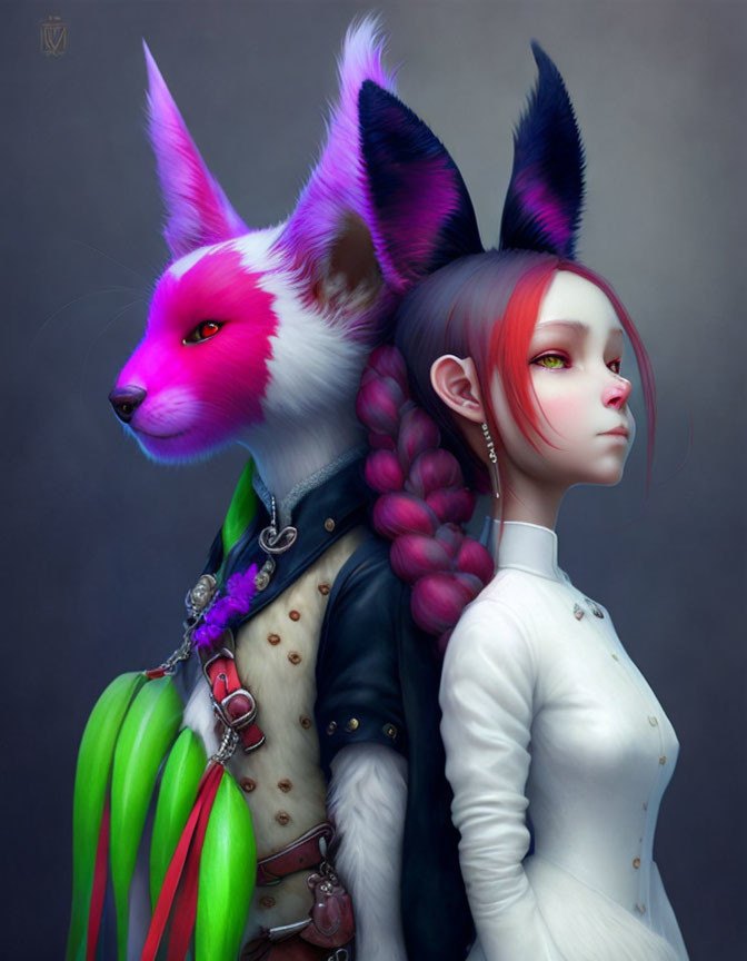 Digital artwork of two characters with fox-like features in profile, one with vibrant pink fur and the other