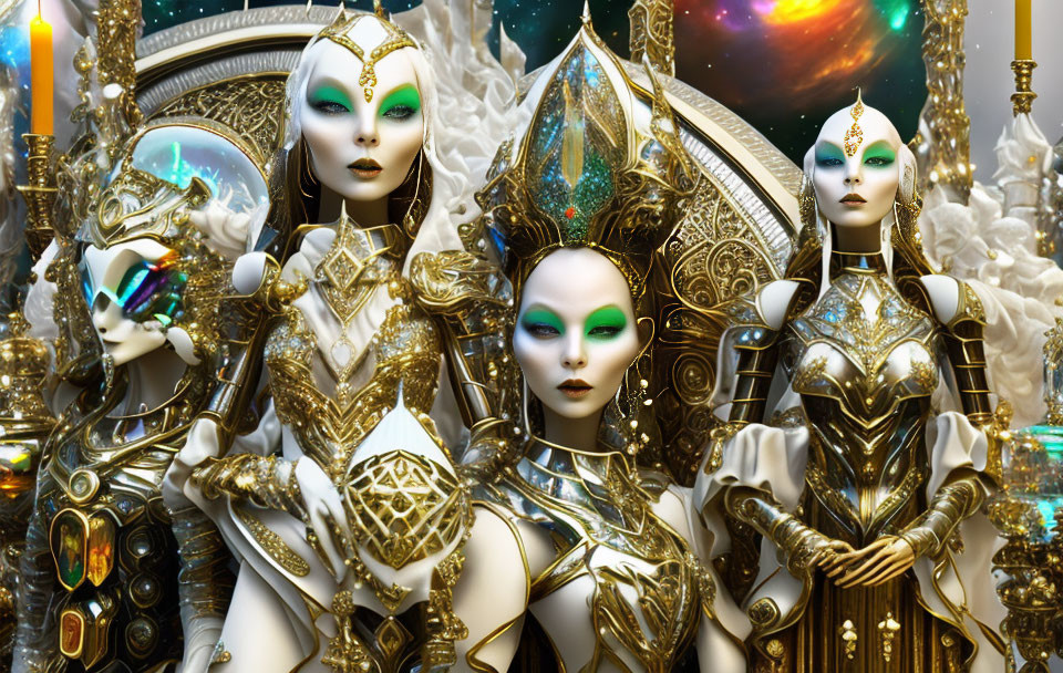 Three regal futuristic figures in ornate golden and white costumes and elaborate headgear with intense, other