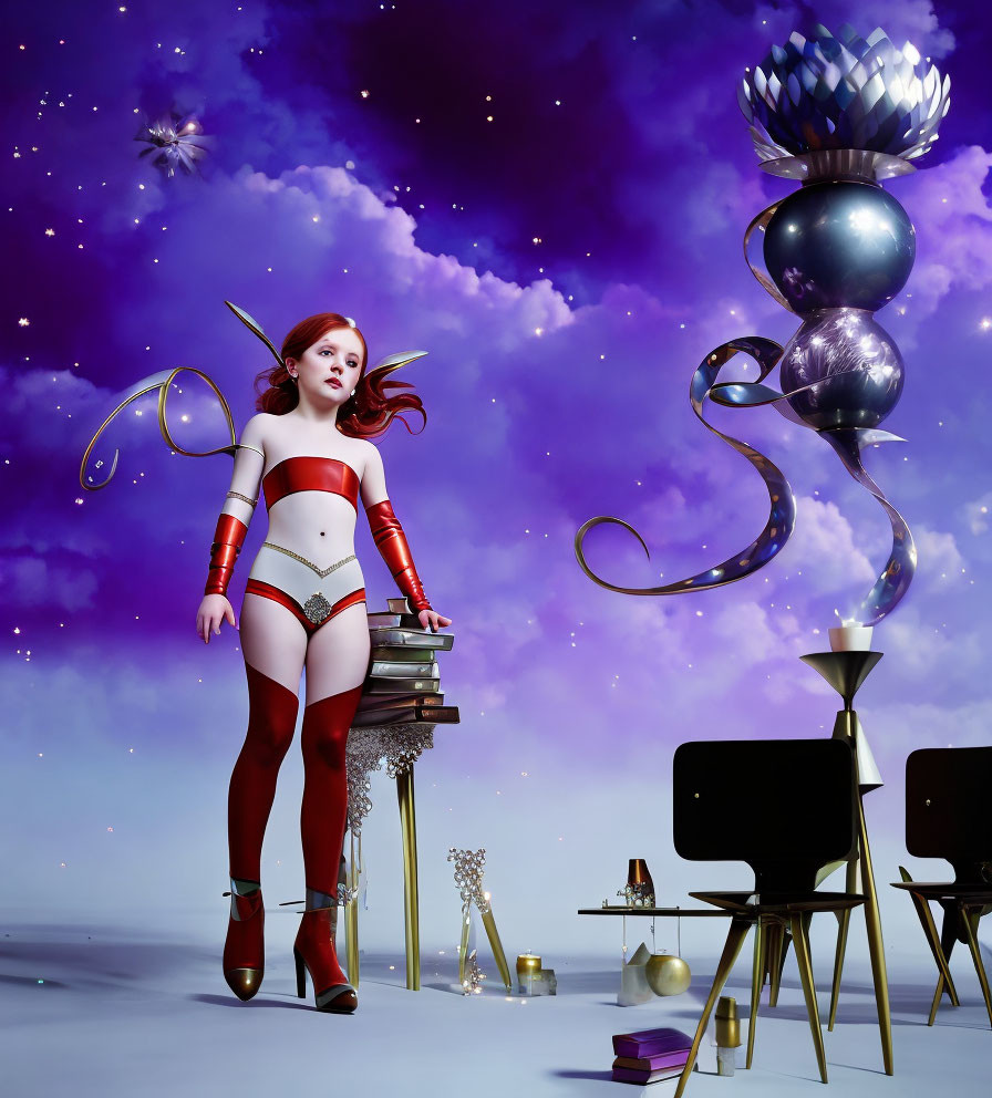 Redheaded woman in sci-fi outfit with floating objects against purple sky