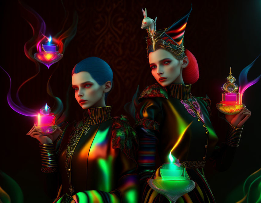 Stylized fantasy art of two females in dark outfits with glowing objects and mystical smoke