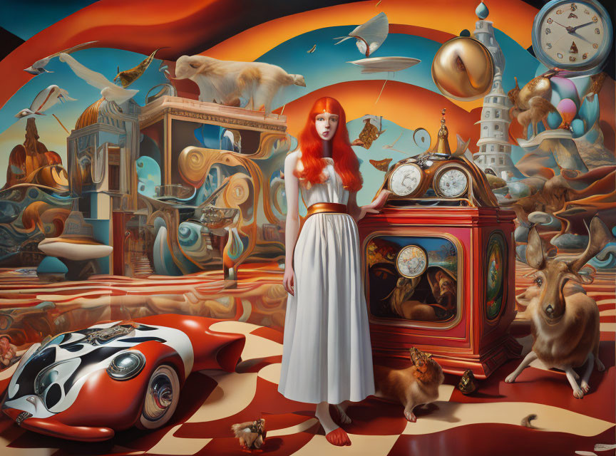 Surreal art: Red-haired woman in white dress with floating fish, clock tower, and animated