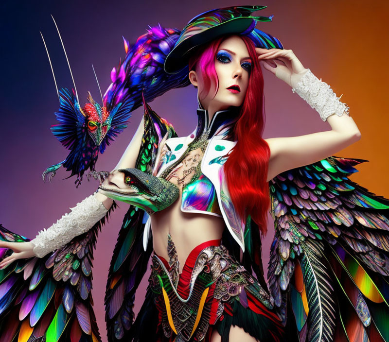 Red-haired woman in vibrant makeup and colorful feathered bird costume