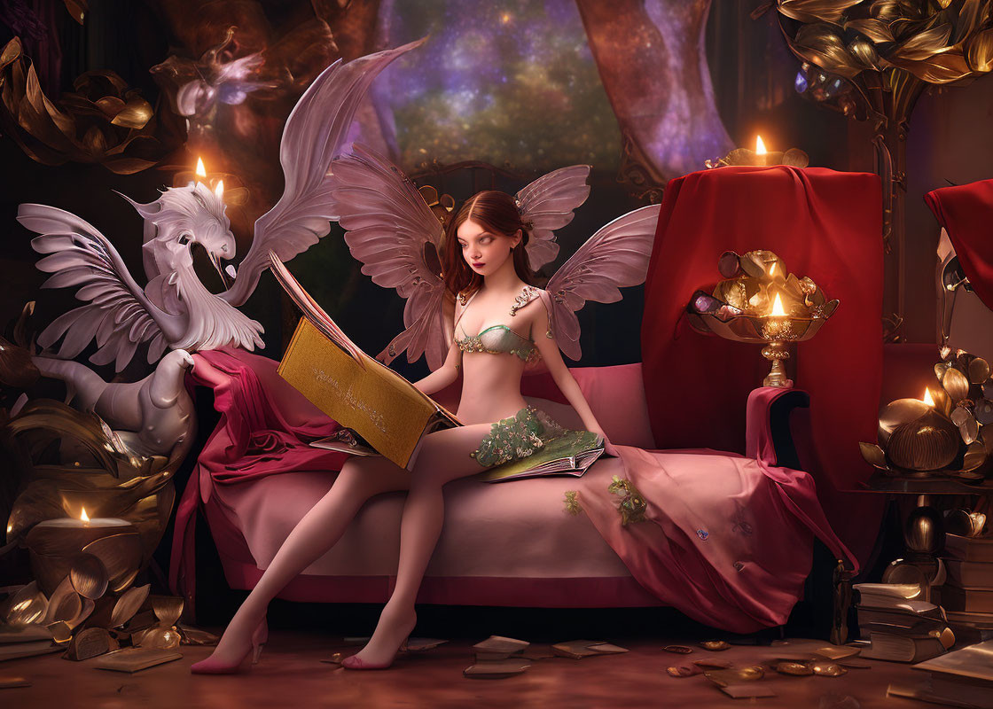 Fantasy scene: Winged female reading with white griffin, candles, celestial motifs