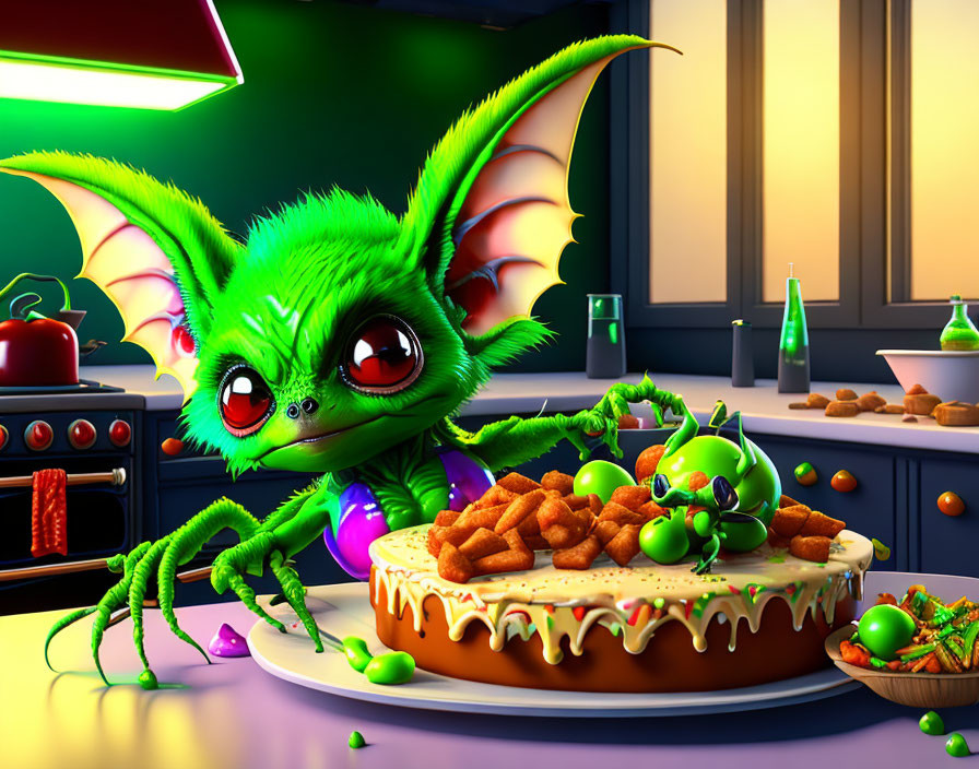 Colorful 3D illustration of a winged creature reaching for cake