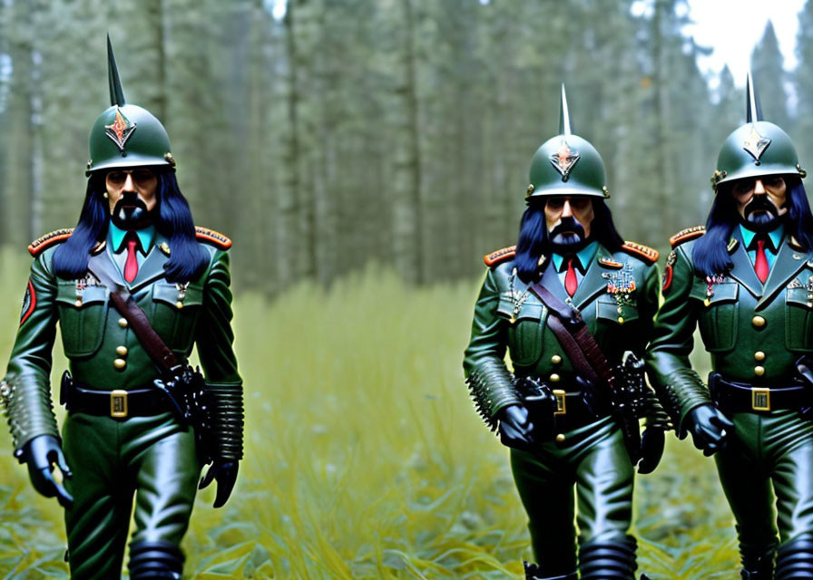 Three bearded toy soldier figurines in green uniforms and helmets in forest setting