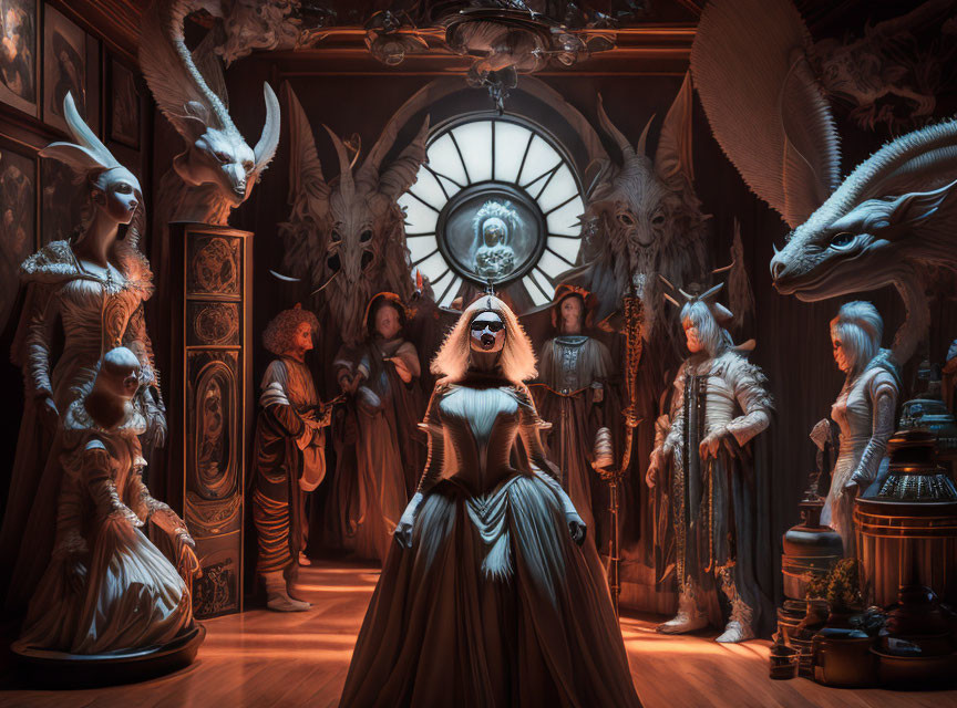 Elaborate Costume Fantasy Scene with Mythical Creatures in Dark Room