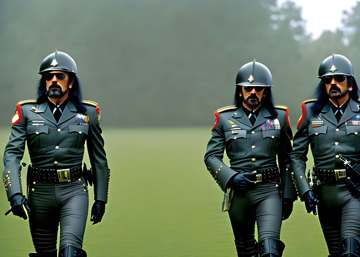 Three men in stylized military uniforms and helmets walking through a hazy field