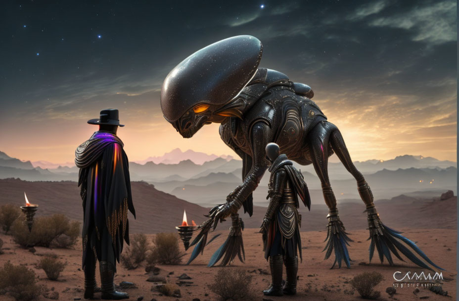 Alien creature and humanoid figure in hat and cape on desert landscape at twilight