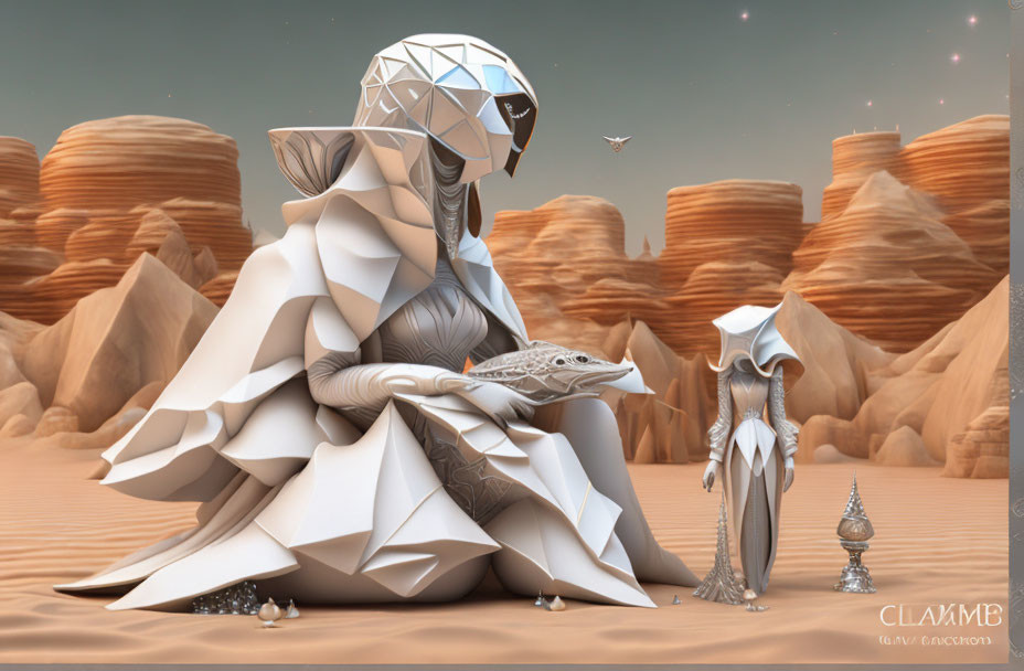 Origami-inspired futuristic figure with lizard in desert scene