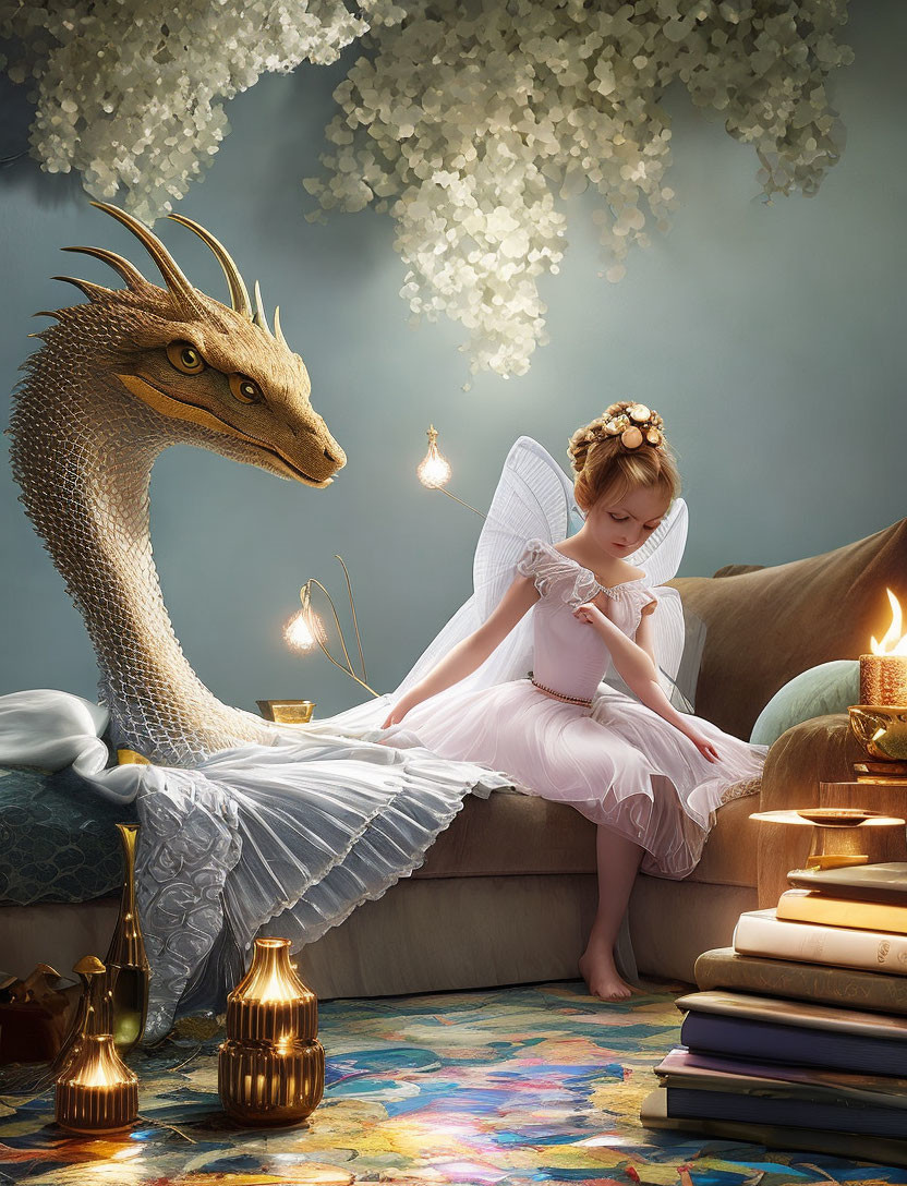 Young fairy and friendly dragon in magical setting with candles, books, and white flowers