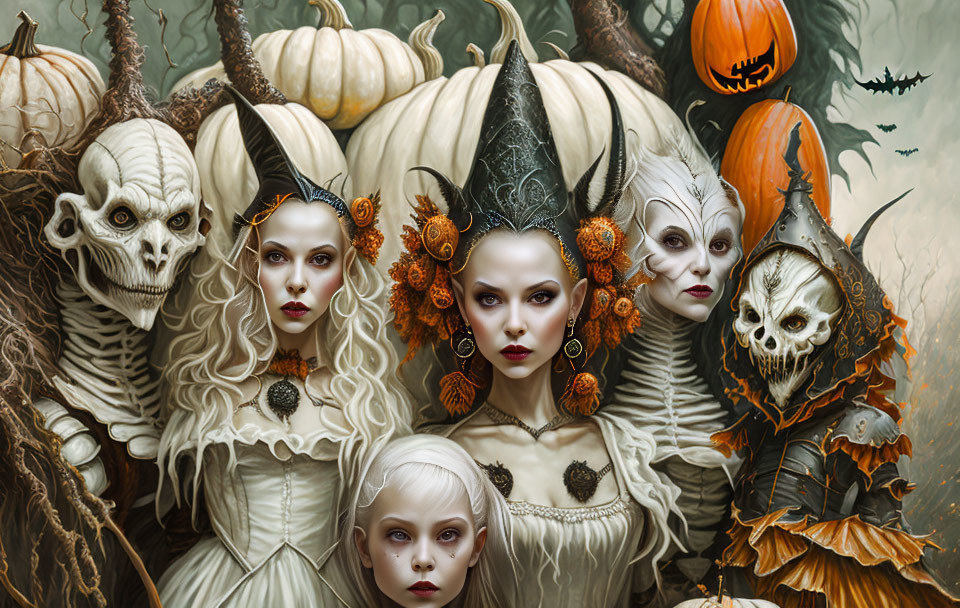 Five Women in Halloween Costumes with Pumpkin and Skull Motifs in Gothic Fantasy Scene