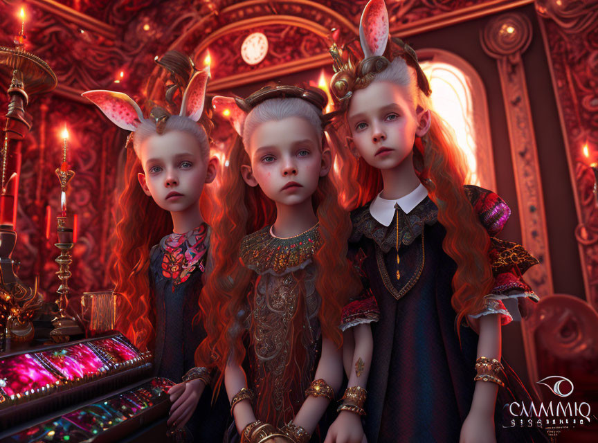 Three fantasy children with animal ears in richly decorated room with intricate patterns and ornate detailing.