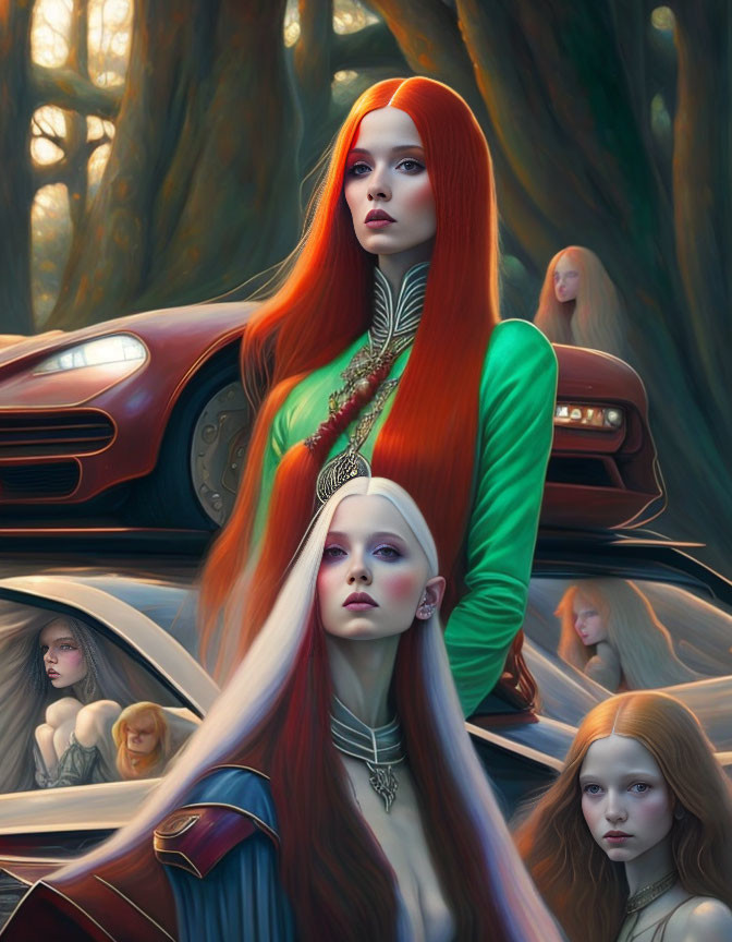 Fantasy illustration of women with unique hairstyles and elegant attire in enchanted forest with modern car