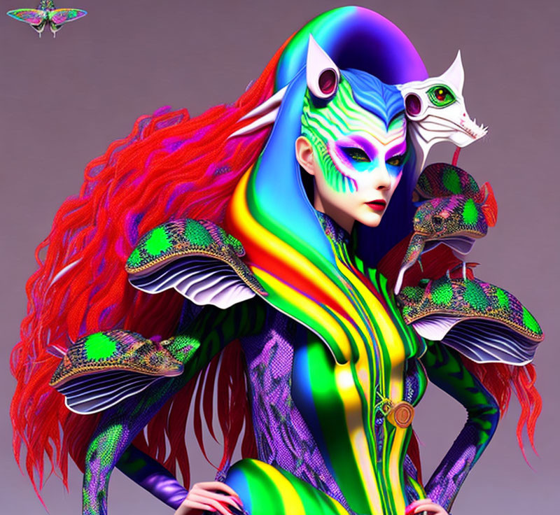 Stylized digital artwork: Female figure with red hair, blue alien face, mushroom shoulder pads,