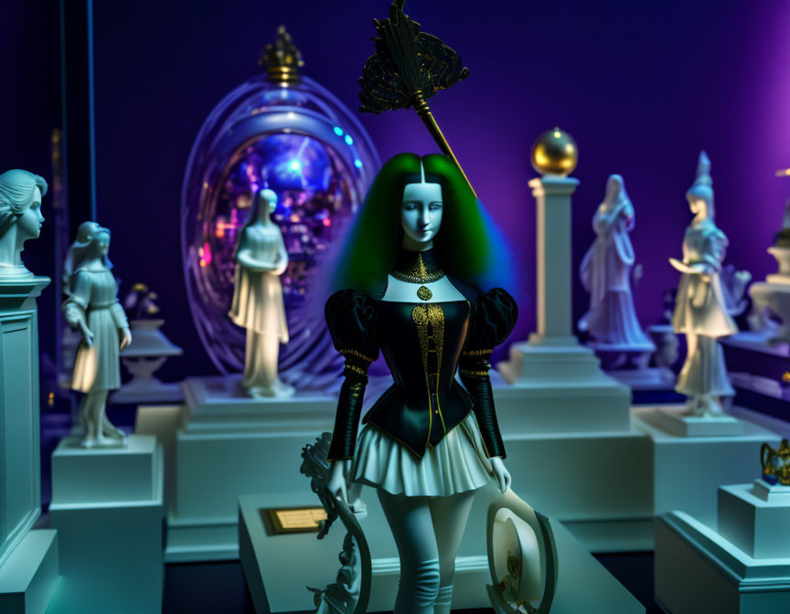 Stylized woman in historical outfit among classical statues under purple lighting