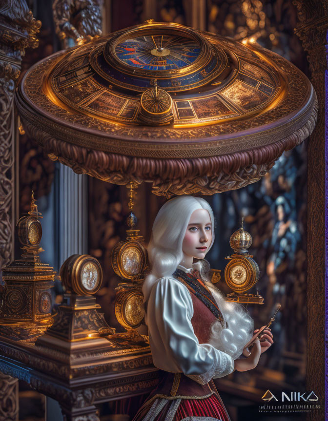 Woman with long white hair in Renaissance attire by golden clocks and instruments