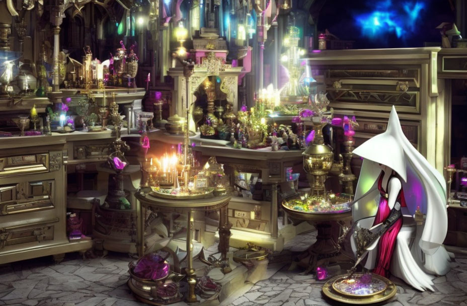 Whimsical alchemy lab with figure in white cloak, glowing potions, and celestial backdrop.