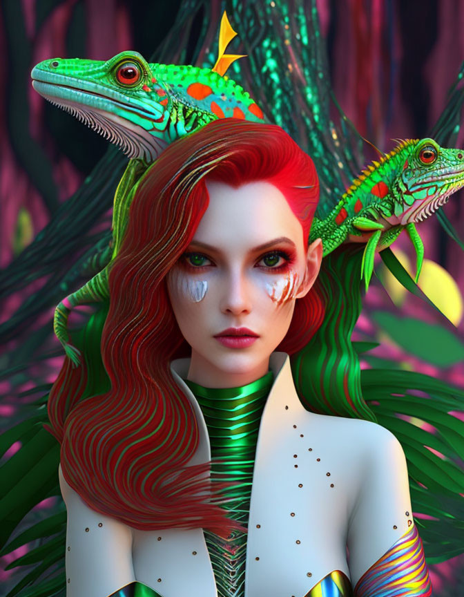 Vibrant red-haired woman with striking makeup and green iguanas in tropical setting